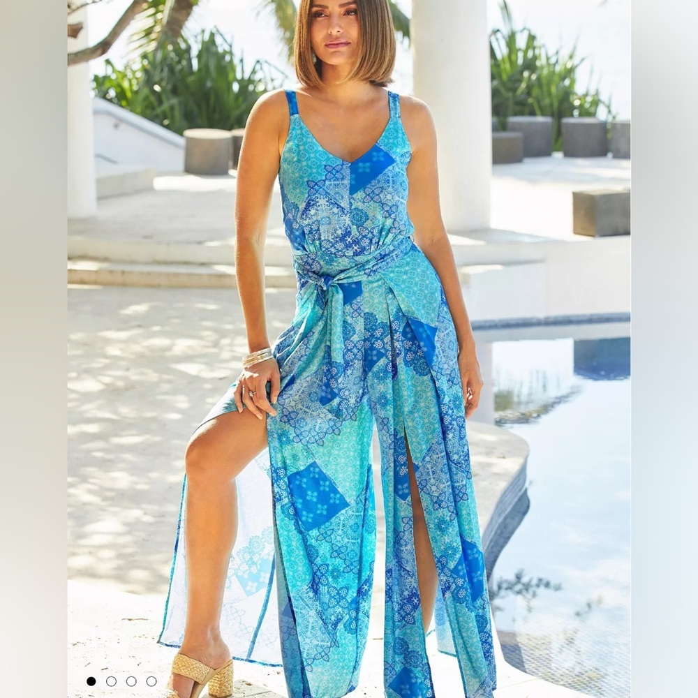 Boston Proper Blue & Aqua Patchwork Tie-Waist Swim Coverup